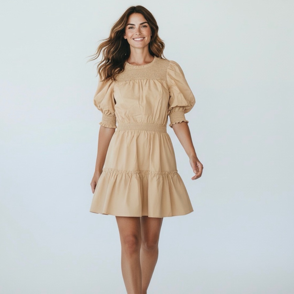 NWT Smocked Puff Sleeve Elastic Waist Tiered Mini Dress Beige - Boutique, Sm-L